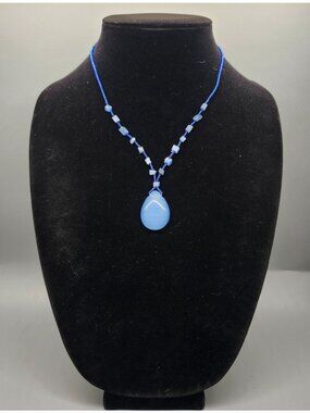 Blue Beaded Necklace With Teardrop Pendant & Magnetic Clasp